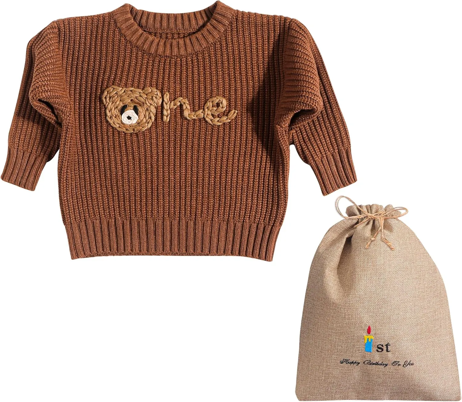1st First Birthday Outfit Girl Boy One Sweater Embroidery Knit Pullover Fall Winter Clothes with Baby Gift Bag