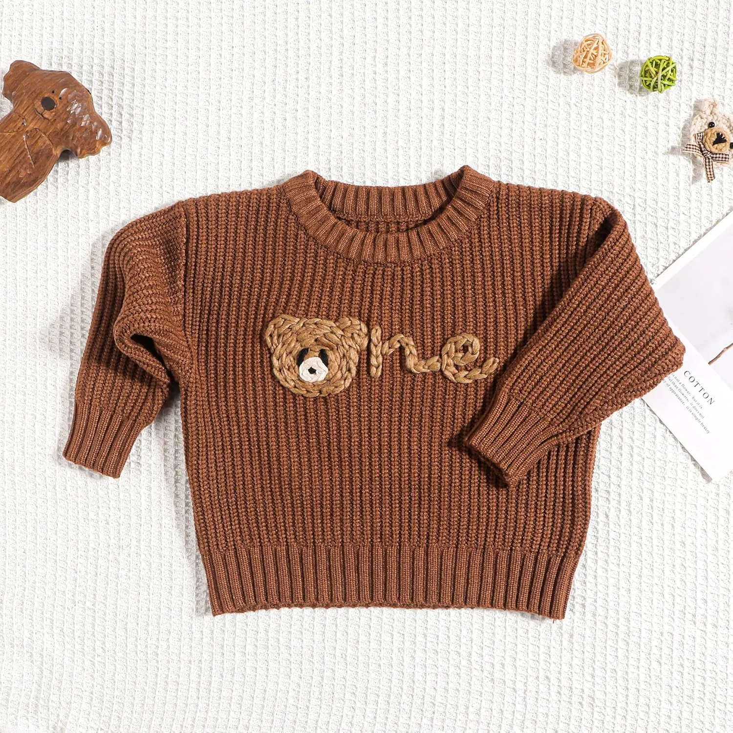 1st First Birthday Outfit Girl Boy One Sweater Embroidery Knit Pullover Fall Winter Clothes with Baby Gift Bag