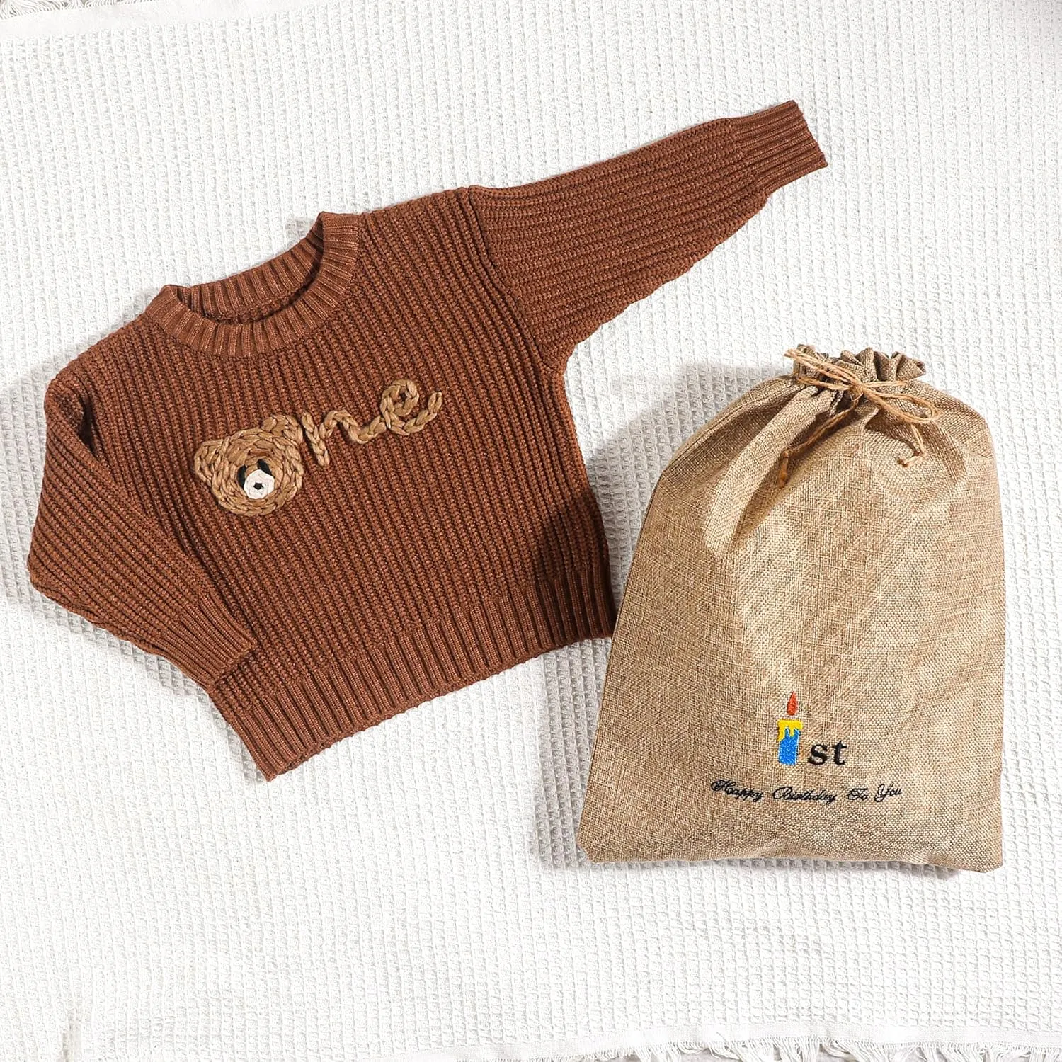 1st First Birthday Outfit Girl Boy One Sweater Embroidery Knit Pullover Fall Winter Clothes with Baby Gift Bag