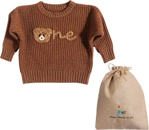 1st First Birthday Outfit Girl Boy One Sweater Embroidery Knit Pullover Fall Winter Clothes with Baby Gift Bag