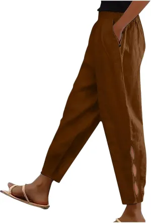 2025 Casual Cotton Linen Pants Women Lightweight Summer Relax Fit Elastic Waist Plus Size Solid Lounge Long Trousers