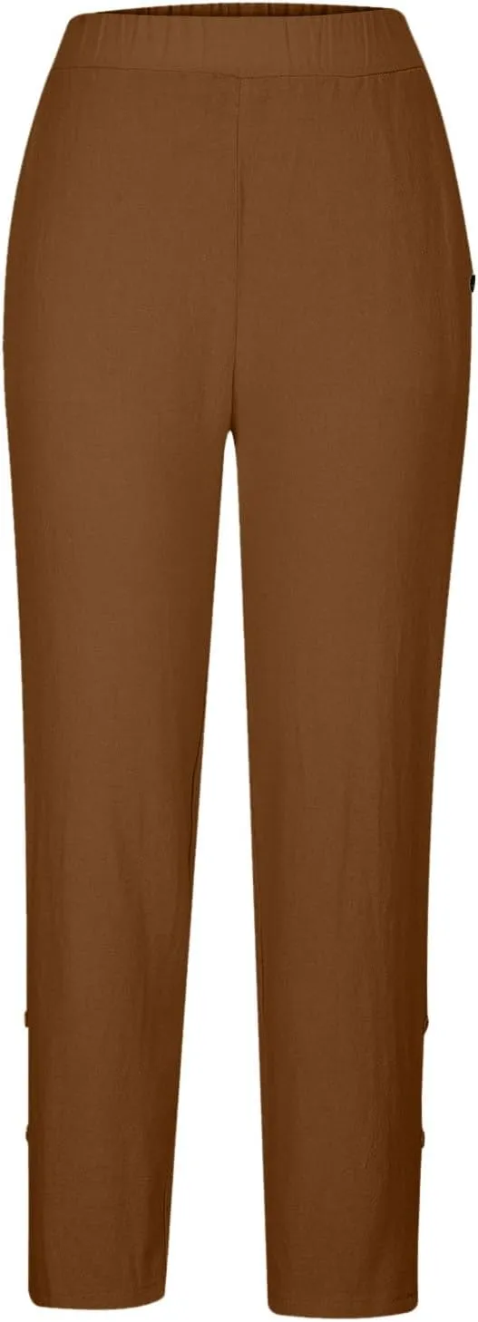 2025 Casual Cotton Linen Pants Women Lightweight Summer Relax Fit Elastic Waist Plus Size Solid Lounge Long Trousers