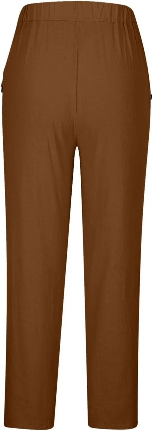 2025 Casual Cotton Linen Pants Women Lightweight Summer Relax Fit Elastic Waist Plus Size Solid Lounge Long Trousers