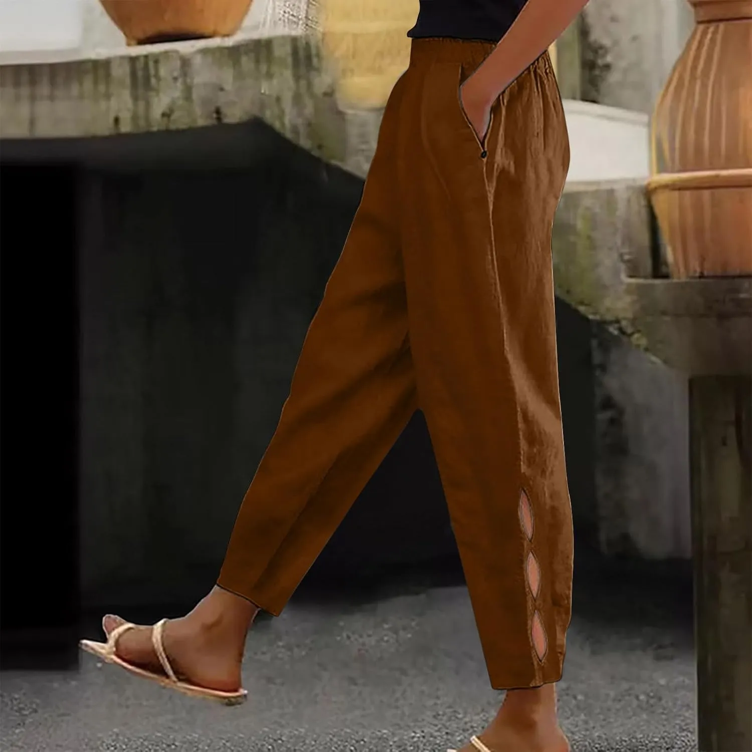 2025 Casual Cotton Linen Pants Women Lightweight Summer Relax Fit Elastic Waist Plus Size Solid Lounge Long Trousers