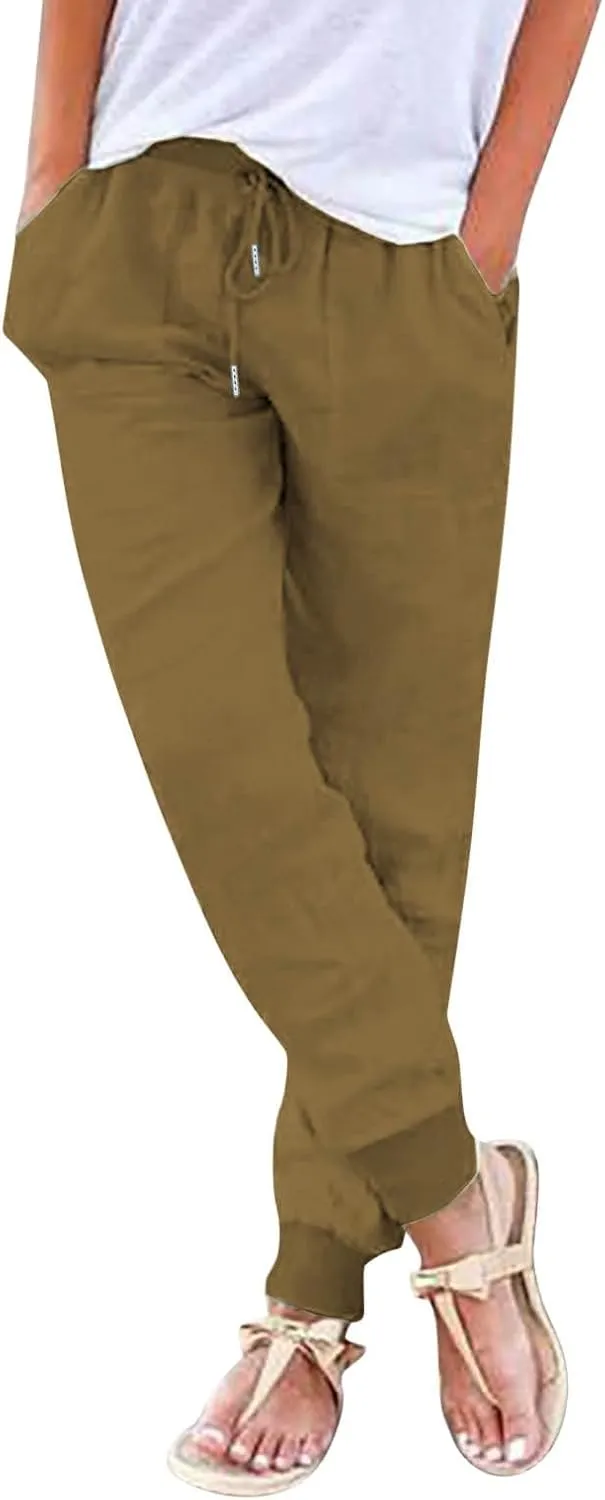 2025 Linen Pants for Women, Plus Size Trendy Solid Color Spring Summer Gauze Casual Elastic Waist Comfy Soft Trousers