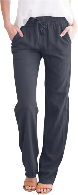 2025 Women Summer Lounge Pants High Waisted Cotton Linen Palazzo Pants Wide Leg Long Trousers with Pockets Fit Slacks