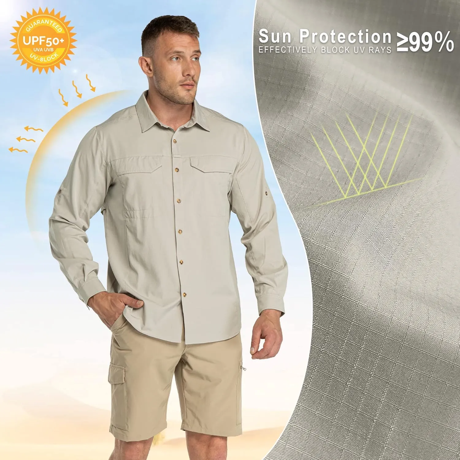 33,000ft Men's Long Sleeve Hiking Shirts Lightweight Quick Dry Sun Protection UV UPF 50 Fishing Shirt Outdoor Safari Travel