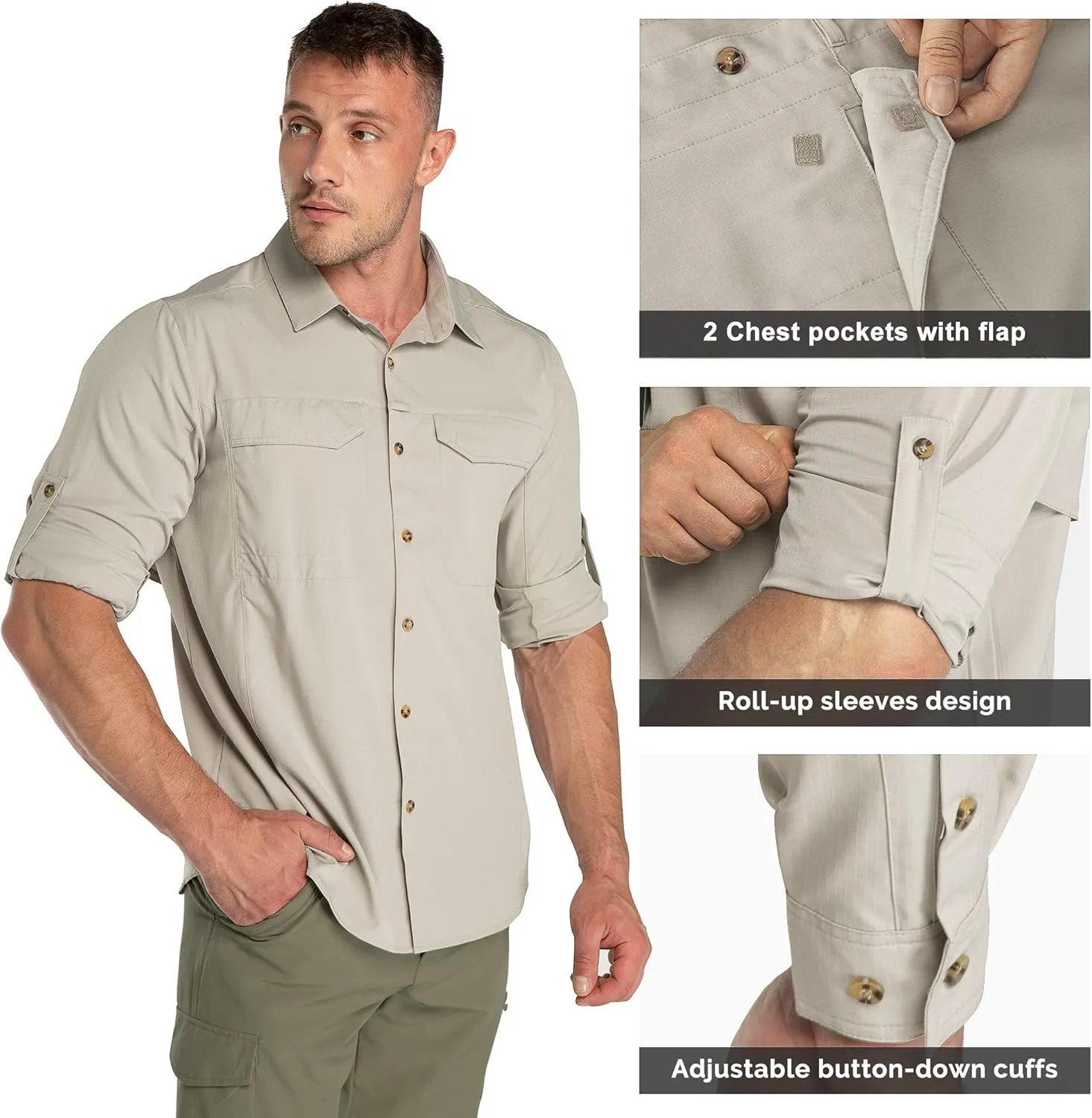 33,000ft Men's Long Sleeve Hiking Shirts Lightweight Quick Dry Sun Protection UV UPF 50 Fishing Shirt Outdoor Safari Travel