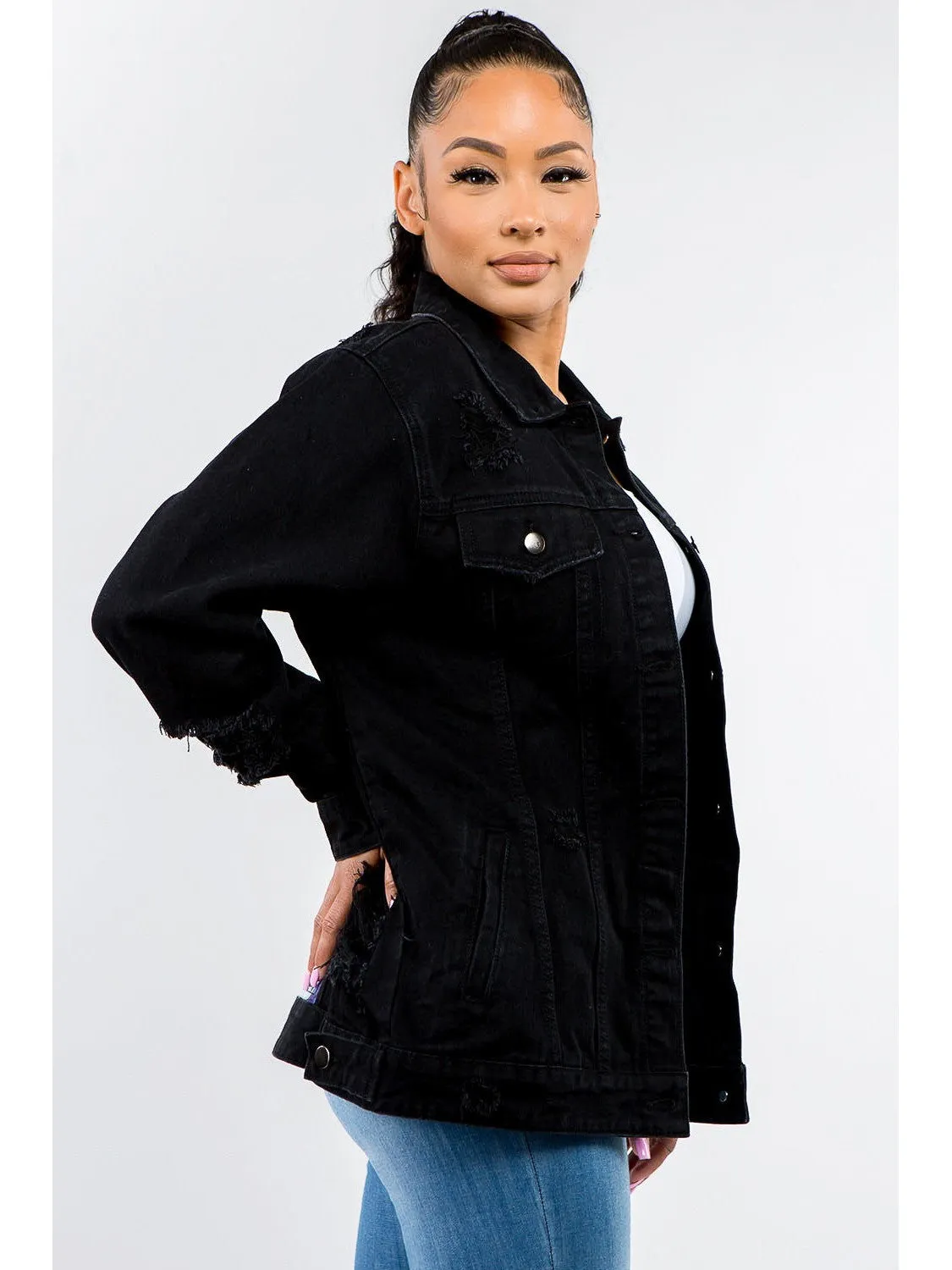 American Bazi Full Size Button Up Distressed Denim Jacket