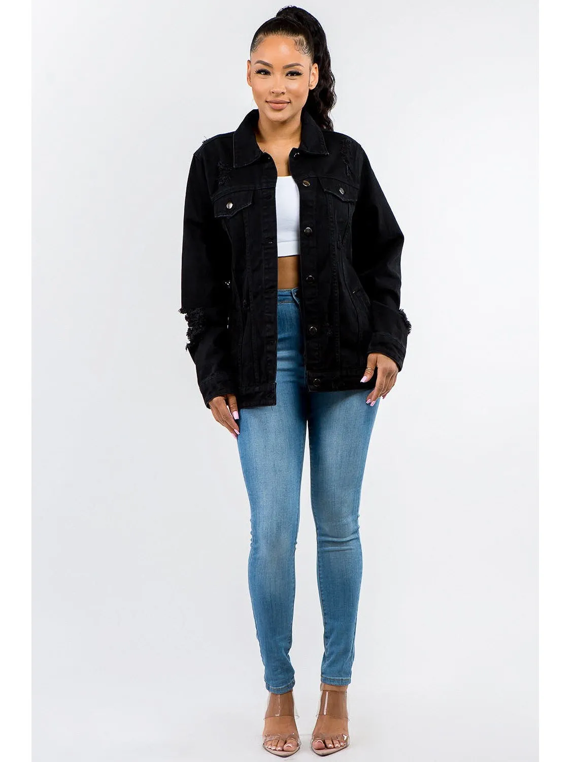 American Bazi Full Size Button Up Distressed Denim Jacket