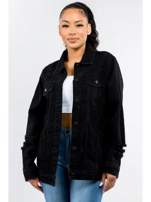 American Bazi Full Size Button Up Distressed Denim Jacket