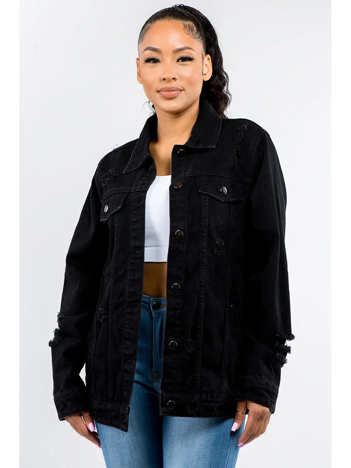 American Bazi Full Size Button Up Distressed Denim Jacket