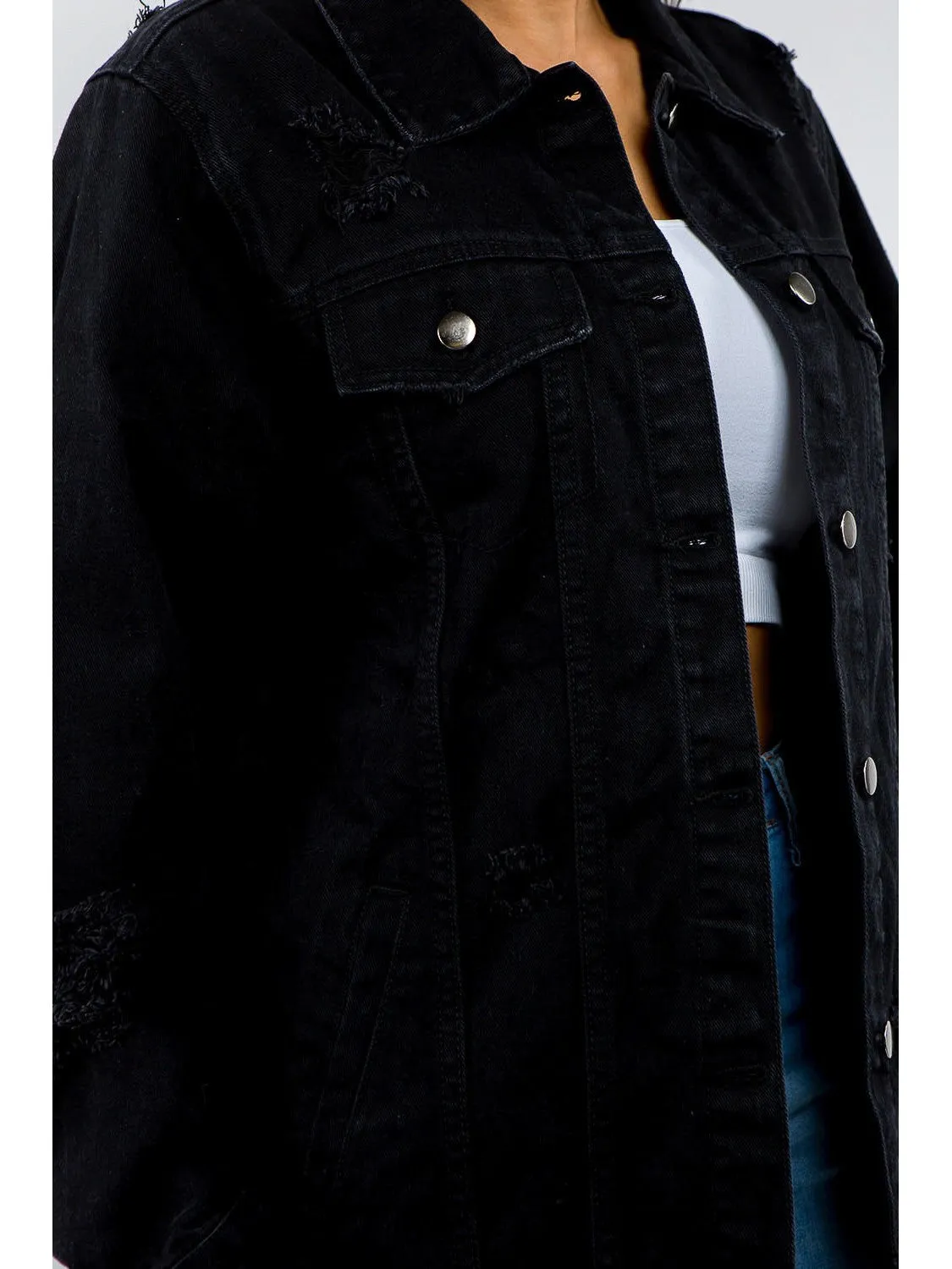American Bazi Full Size Button Up Distressed Denim Jacket