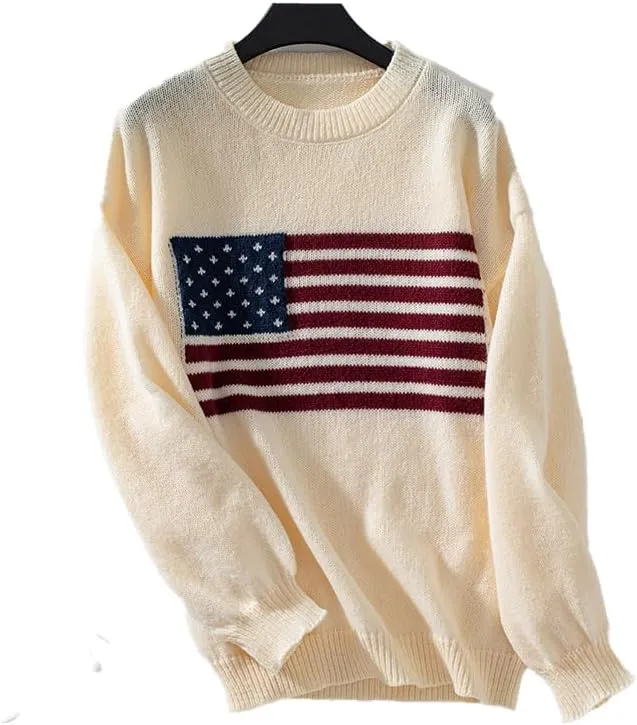 American Flag Sweater for Women Print Sweater Fall Winter Knit Sweatshirt O Neck Pullover Long Sleeves Loose Women Tops