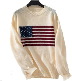 American Flag Sweater for Women Print Sweater Fall Winter Knit Sweatshirt O Neck Pullover Long Sleeves Loose Women Tops