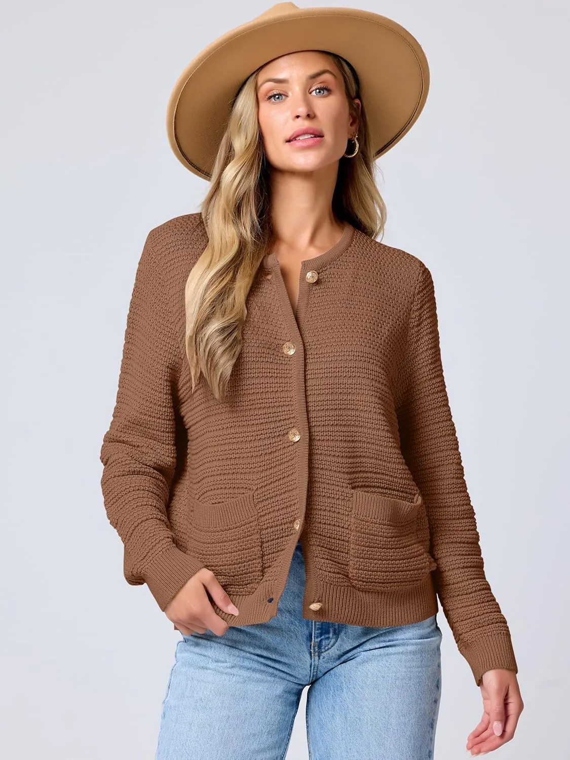 ANRABESS Women's Tweed Knit Cardigan Sweater Casual Long Sleeve Cropped Button Down Lady Jackets 2025 Spring Fashion Outwear