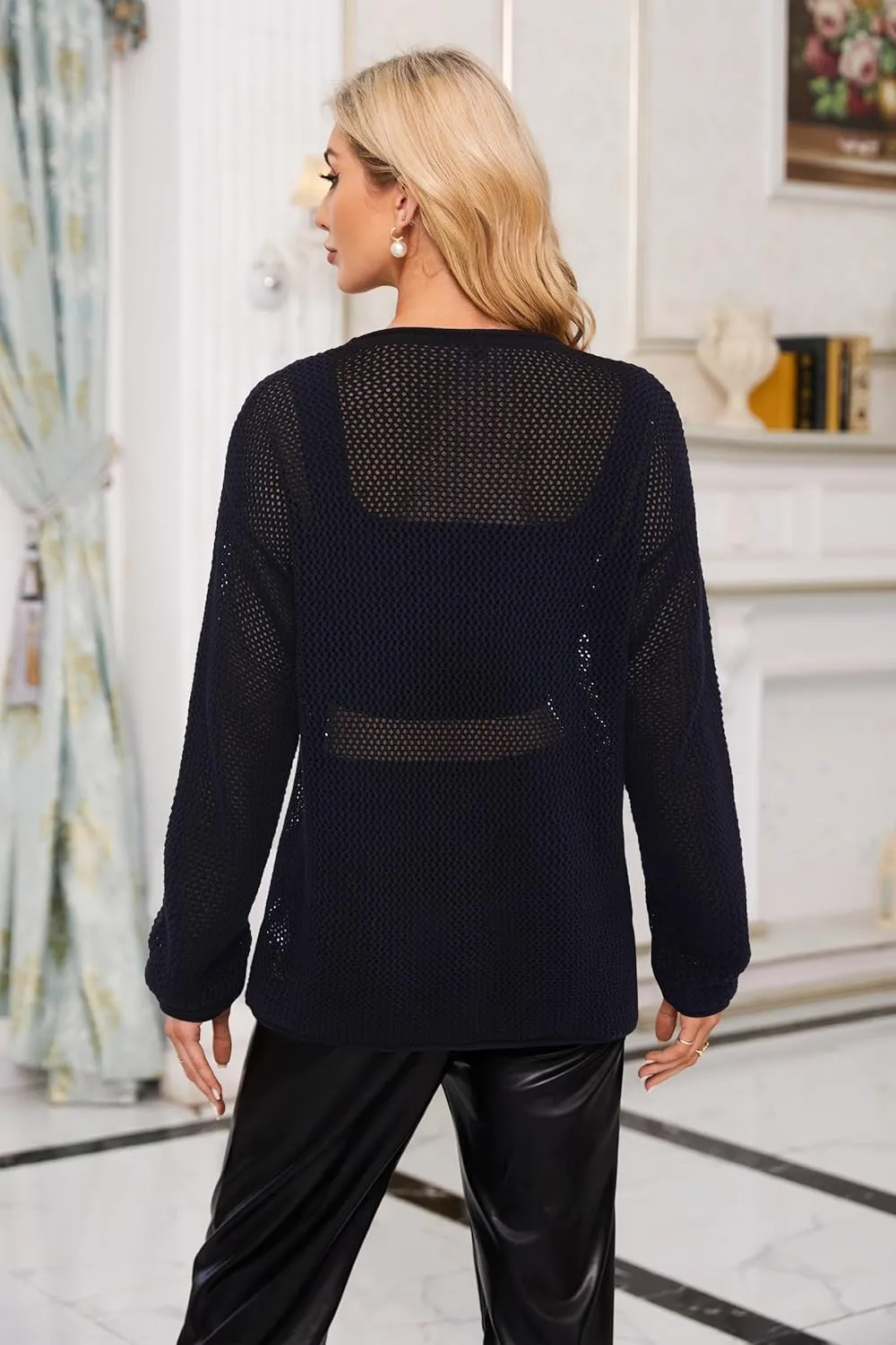 Arach&Cloz 2025 Womens Crochet Tops Wool Blended Sweaters Lightweight Long Sleeve Crew Neck Spring Fashion Knit Outfits
