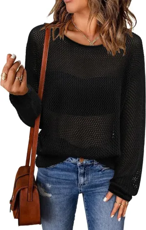 Arach&Cloz 2025 Womens Crochet Tops Wool Blended Sweaters Lightweight Long Sleeve Crew Neck Spring Fashion Knit Outfits