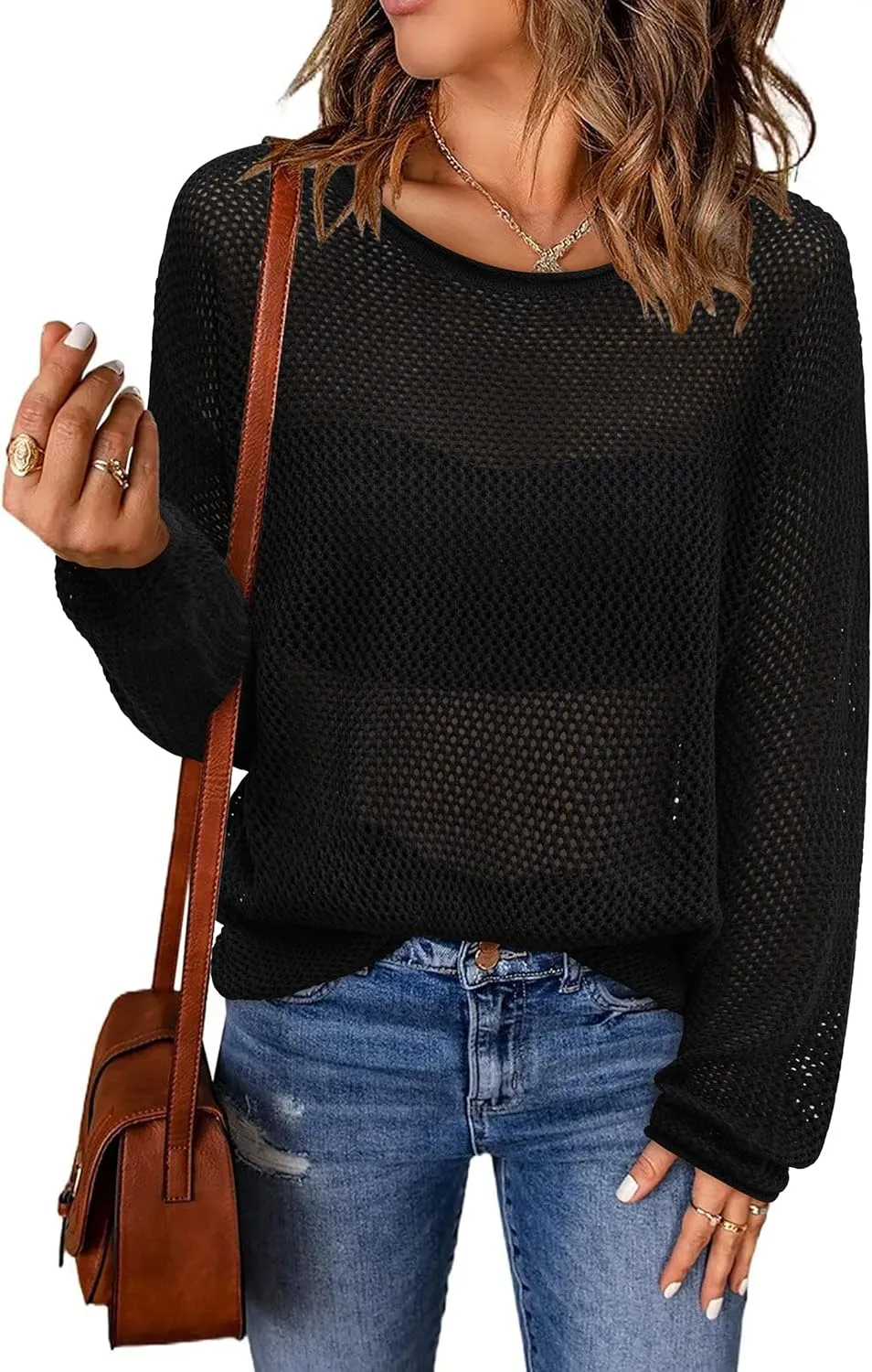 Arach&Cloz 2025 Womens Crochet Tops Wool Blended Sweaters Lightweight Long Sleeve Crew Neck Spring Fashion Knit Outfits
