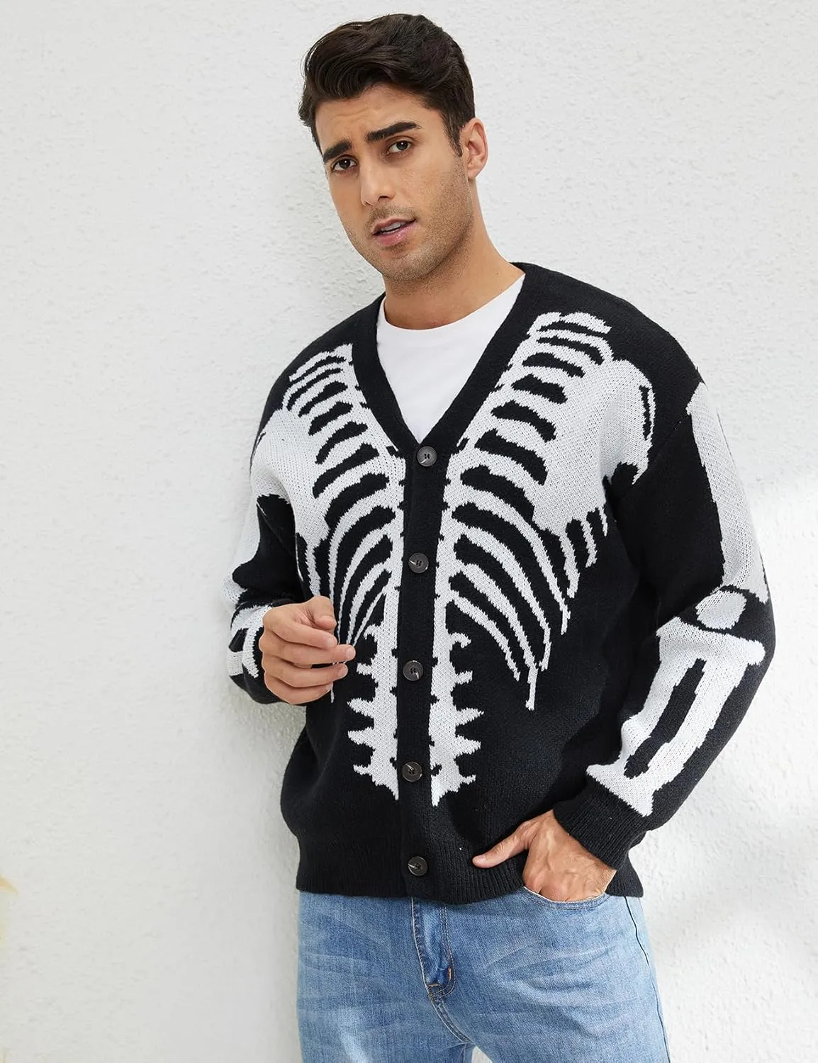 Arssm Men Skeleton Cardigan Sweater Oversized Fall Graphic Long Sleeve Knit Y2K Button Down V Neck Sweater Outwear
