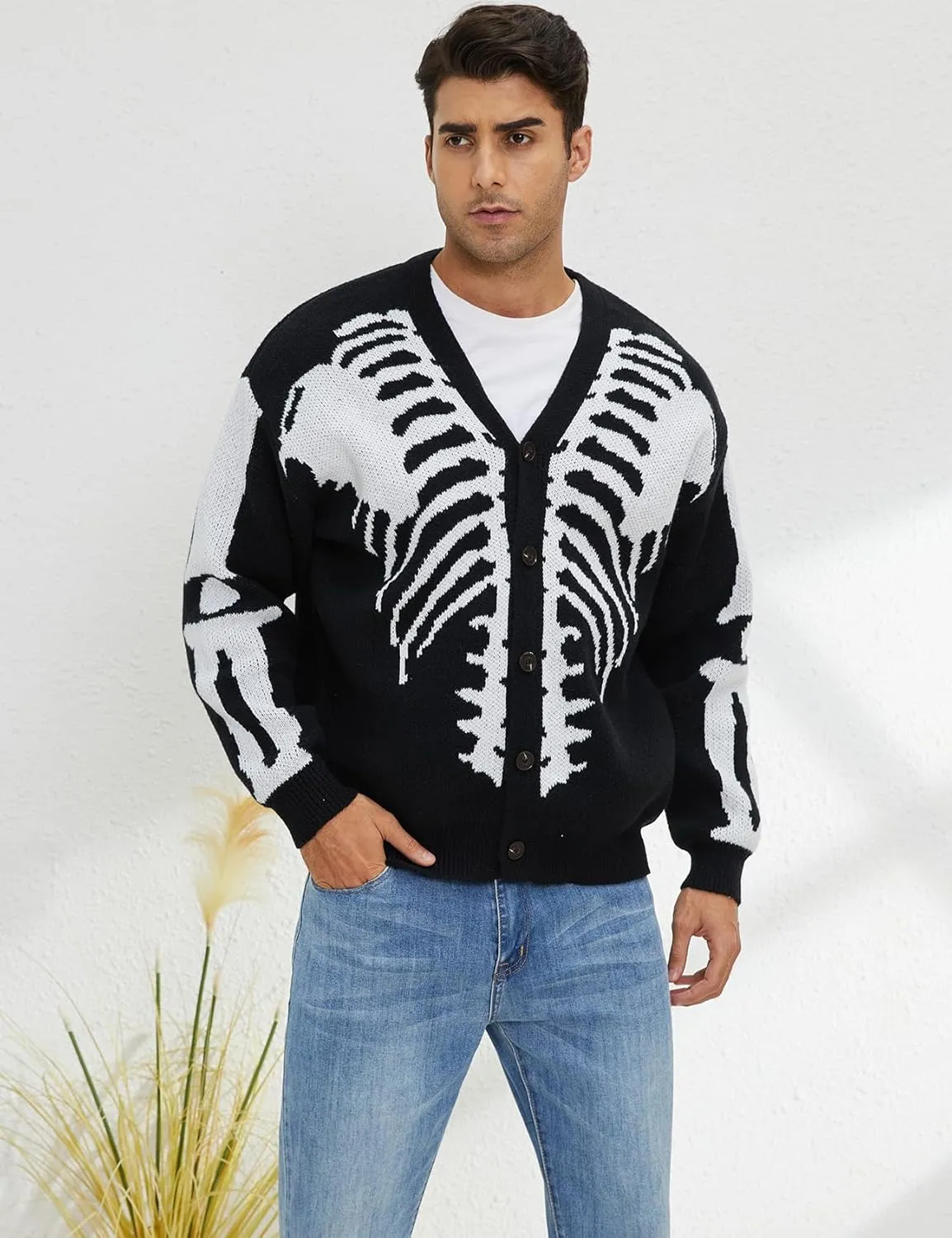 Arssm Men Skeleton Cardigan Sweater Oversized Fall Graphic Long Sleeve Knit Y2K Button Down V Neck Sweater Outwear
