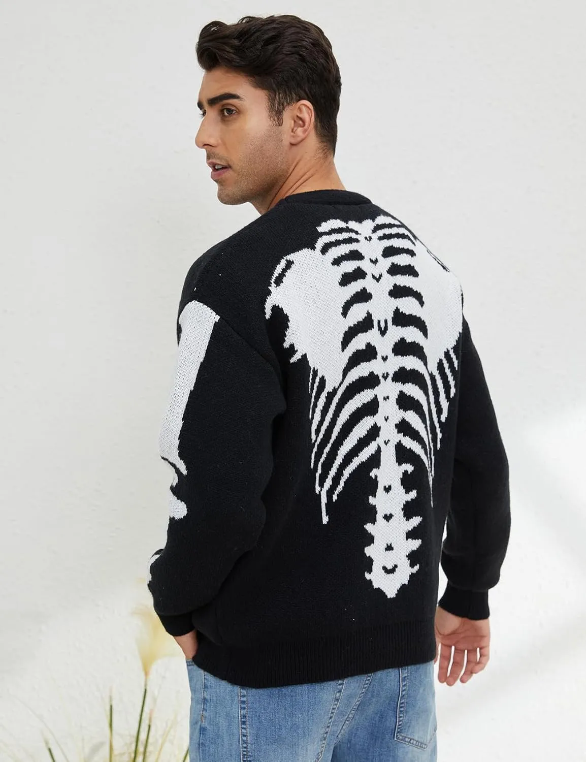 Arssm Men Skeleton Cardigan Sweater Oversized Fall Graphic Long Sleeve Knit Y2K Button Down V Neck Sweater Outwear