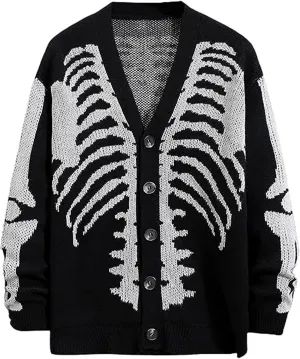 Arssm Men Skeleton Cardigan Sweater Oversized Fall Graphic Long Sleeve Knit Y2K Button Down V Neck Sweater Outwear