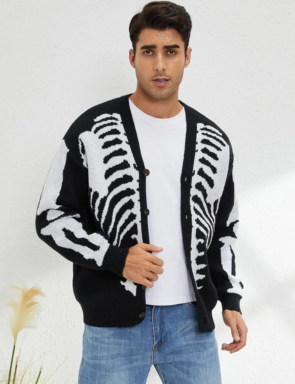 Arssm Men Skeleton Cardigan Sweater Oversized Fall Graphic Long Sleeve Knit Y2K Button Down V Neck Sweater Outwear