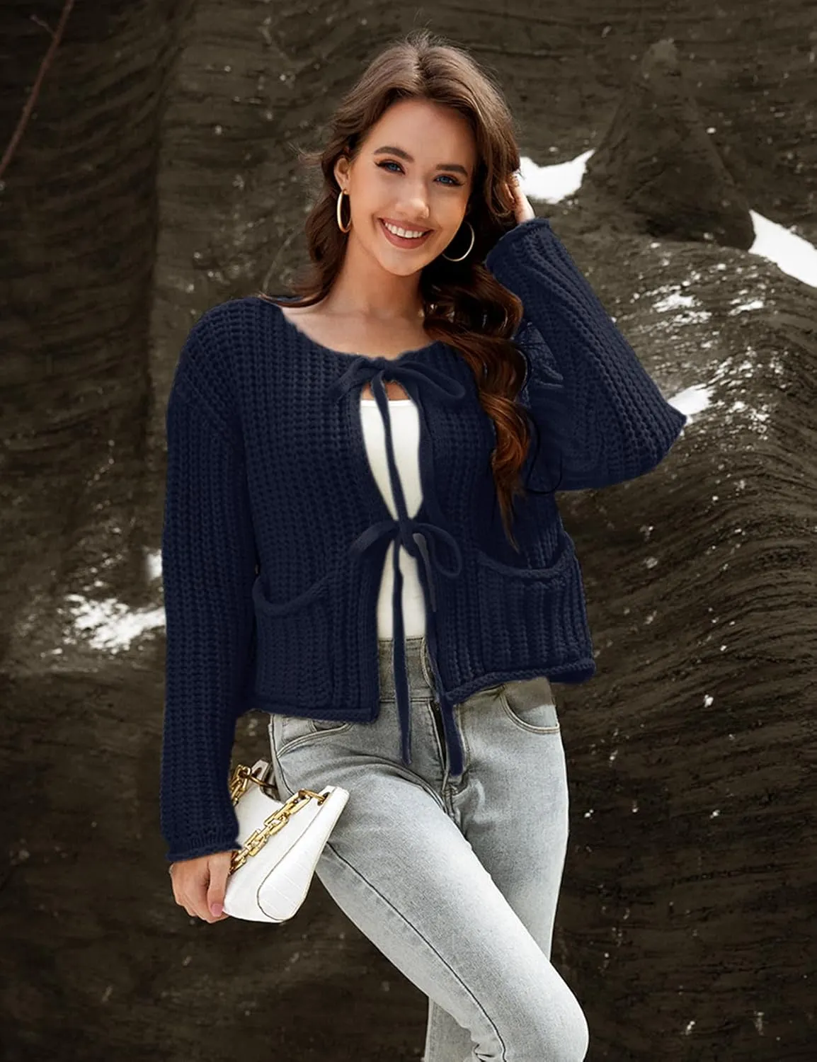 Arssm Womens Tie Front Cardigan Sweaters Cropped Chunky Open Front Knit Sweater Long Sleeve Loose Cardigan Outerwear