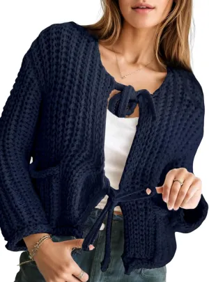 Arssm Womens Tie Front Cardigan Sweaters Cropped Chunky Open Front Knit Sweater Long Sleeve Loose Cardigan Outerwear