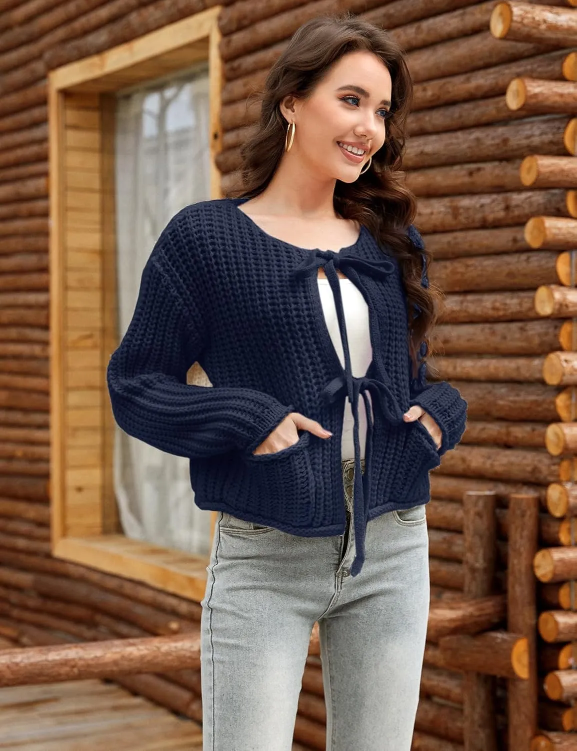 Arssm Womens Tie Front Cardigan Sweaters Cropped Chunky Open Front Knit Sweater Long Sleeve Loose Cardigan Outerwear