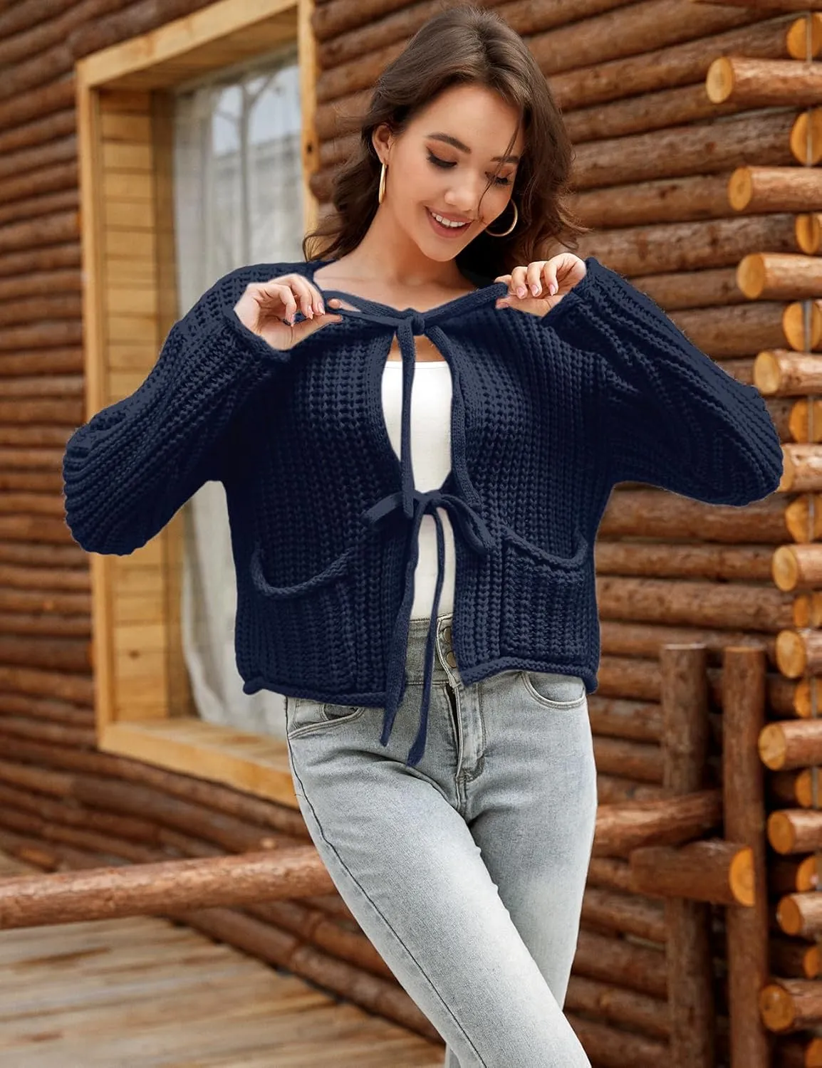 Arssm Womens Tie Front Cardigan Sweaters Cropped Chunky Open Front Knit Sweater Long Sleeve Loose Cardigan Outerwear
