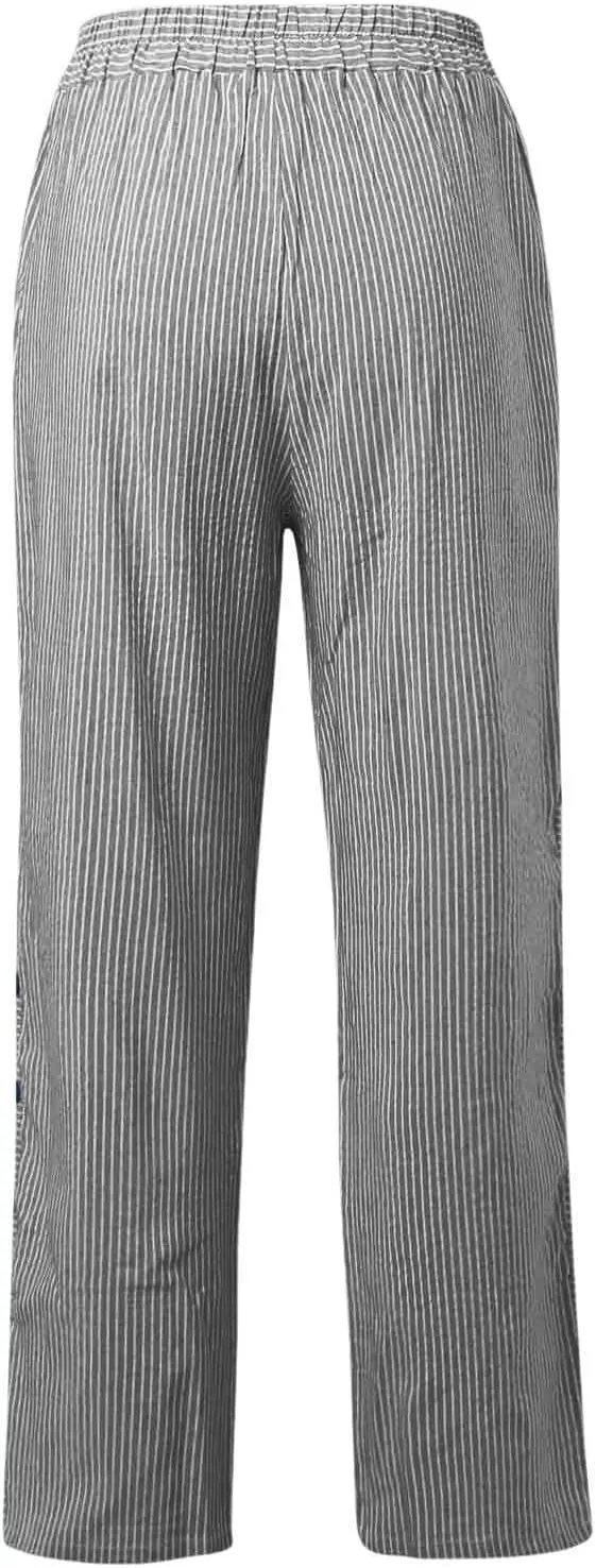 Baggy Striped Pants Women 2025 Trendy Side Button Cotton Linen Pants Straight Leg High Wasited Y2k Pants with Pockets