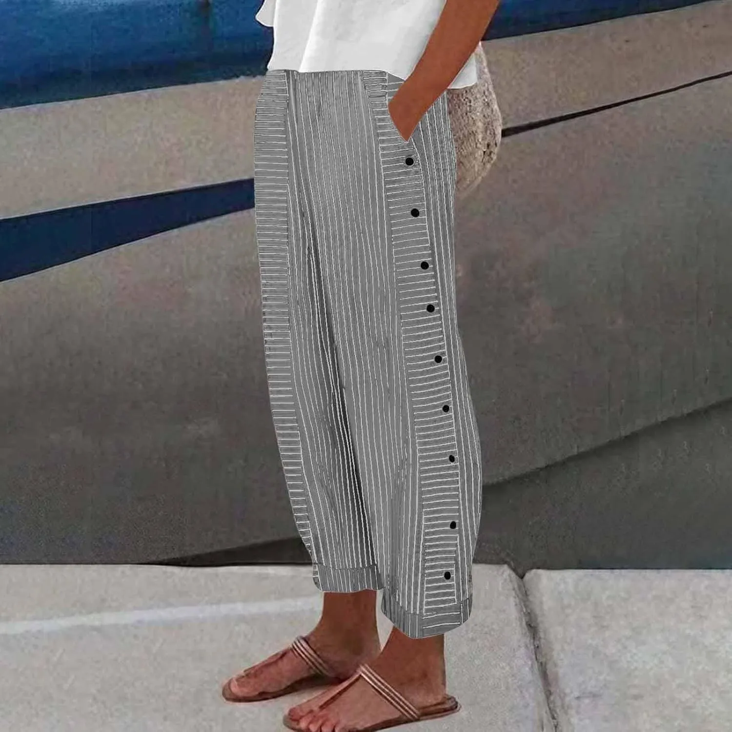 Baggy Striped Pants Women 2025 Trendy Side Button Cotton Linen Pants Straight Leg High Wasited Y2k Pants with Pockets