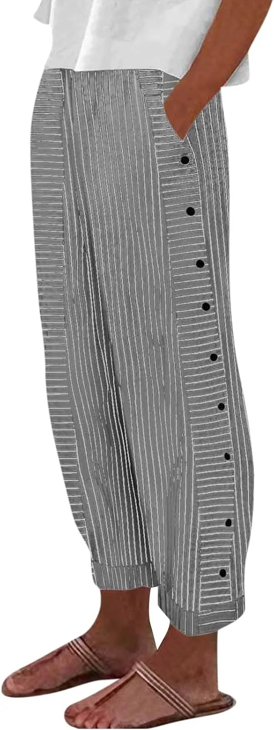 Baggy Striped Pants Women 2025 Trendy Side Button Cotton Linen Pants Straight Leg High Wasited Y2k Pants with Pockets
