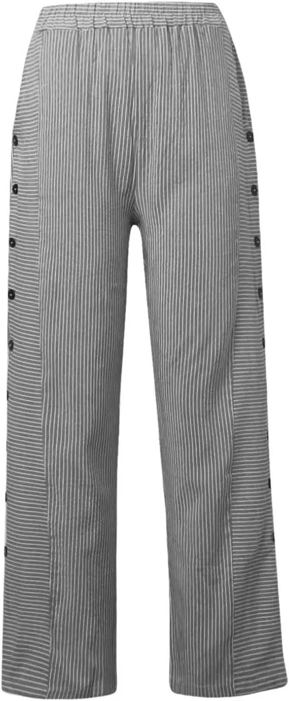 Baggy Striped Pants Women 2025 Trendy Side Button Cotton Linen Pants Straight Leg High Wasited Y2k Pants with Pockets