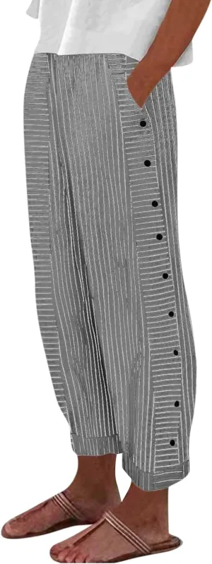 Baggy Striped Pants Women 2025 Trendy Side Button Cotton Linen Pants Straight Leg High Wasited Y2k Pants with Pockets