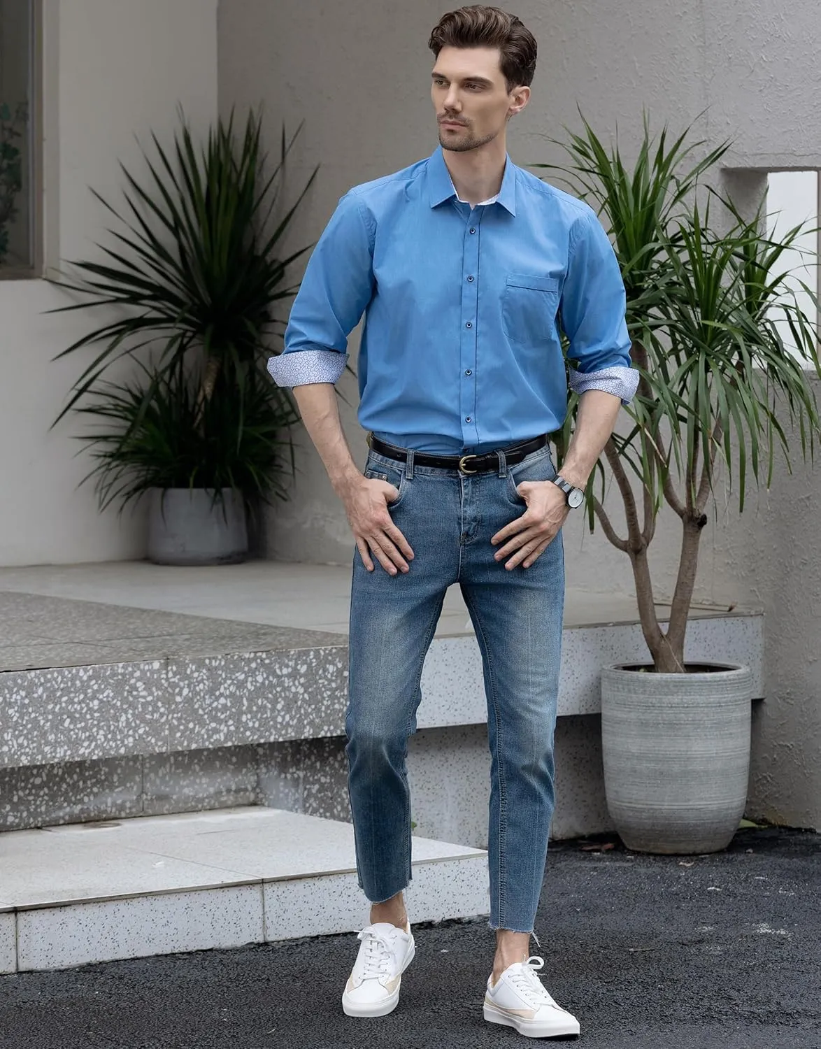Beninos Men's Casual Long Sleeve Stretch Dress Shirt Wrinkle-Free Slim Fit Button Down Shirts