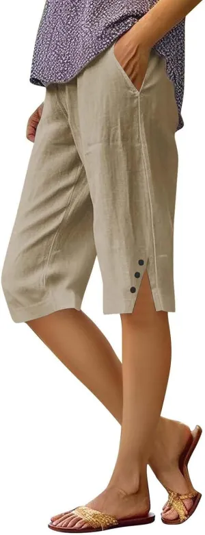 Bermuda Shorts for Women Wide Leg Linen Knee Length Summer Casual Long Shorts Loose High Waisted Short with Pockets