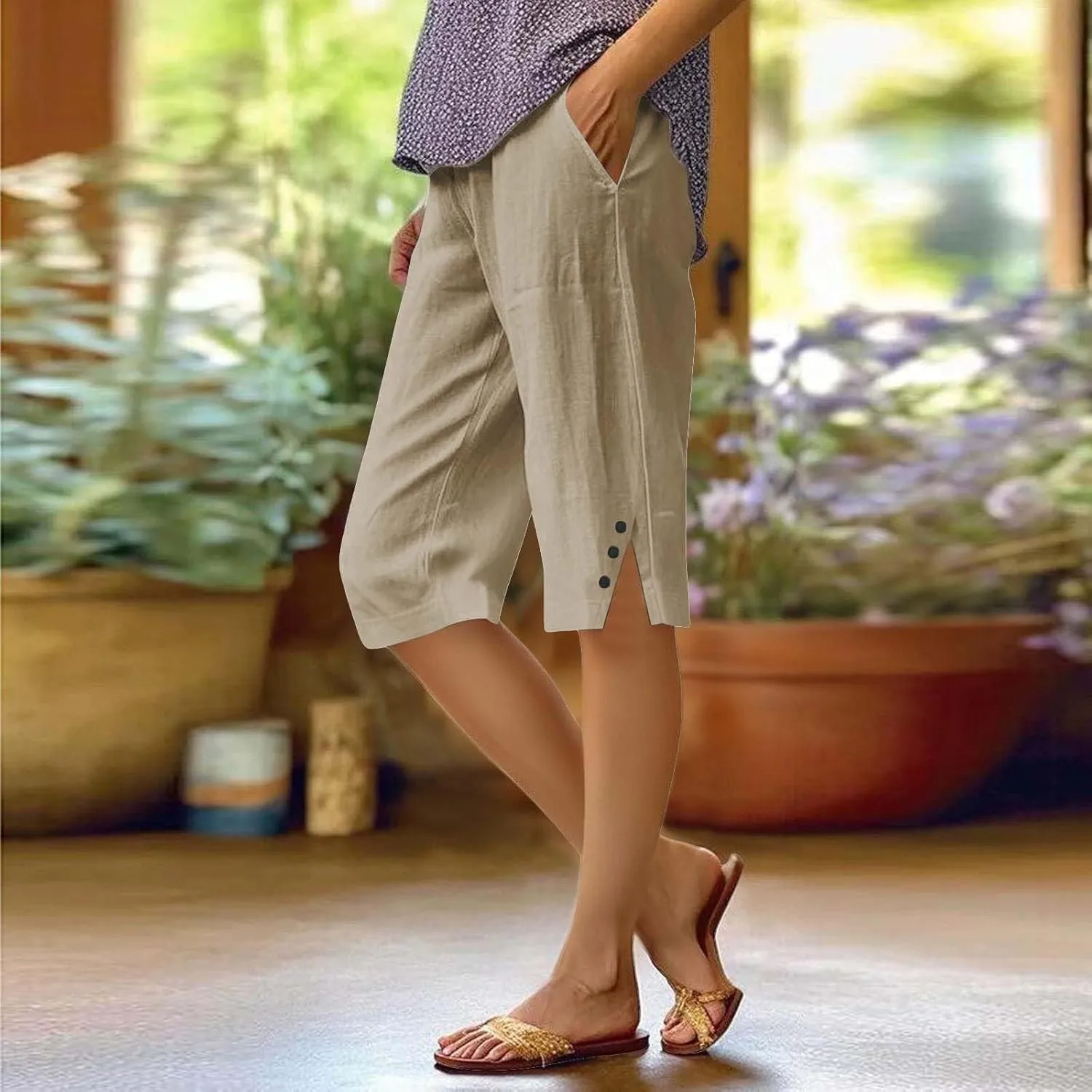 Bermuda Shorts for Women Wide Leg Linen Knee Length Summer Casual Long Shorts Loose High Waisted Short with Pockets