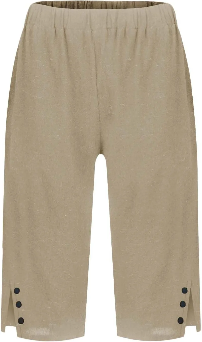 Bermuda Shorts for Women Wide Leg Linen Knee Length Summer Casual Long Shorts Loose High Waisted Short with Pockets