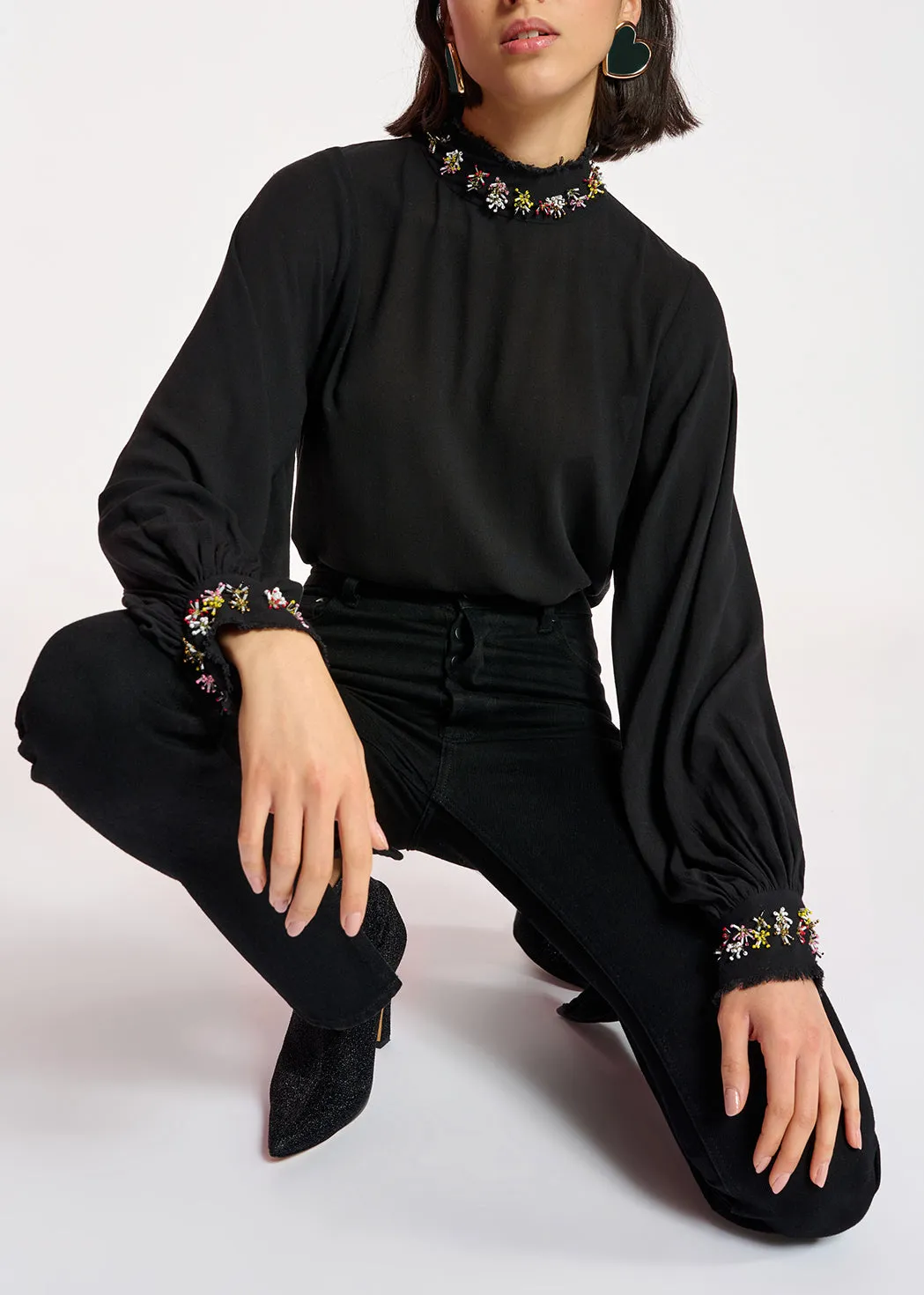 Black high neck top with bead embellishments