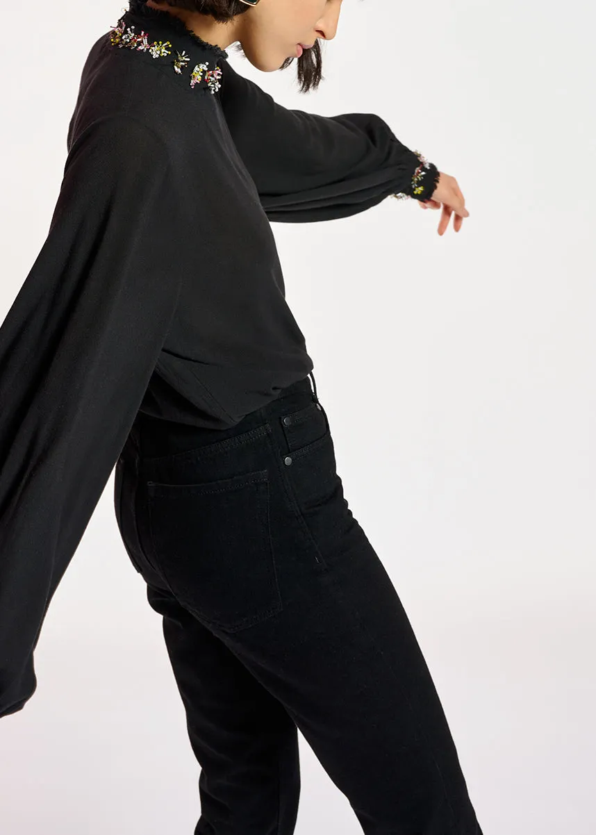 Black high neck top with bead embellishments