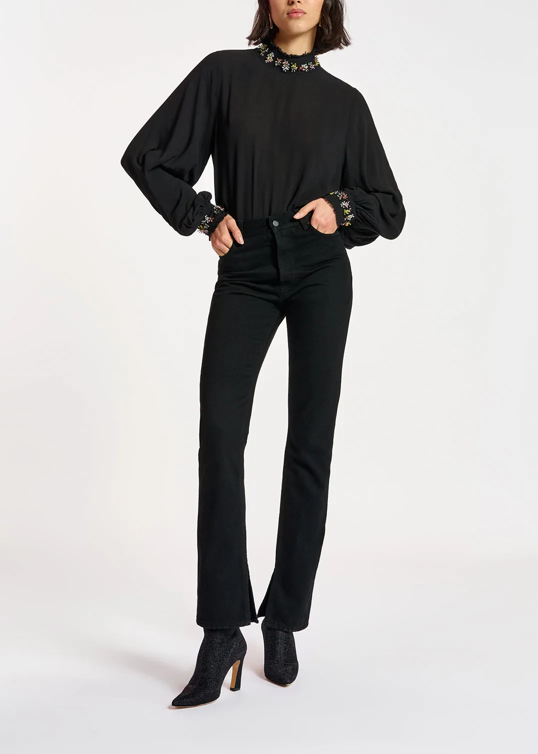 Black high neck top with bead embellishments
