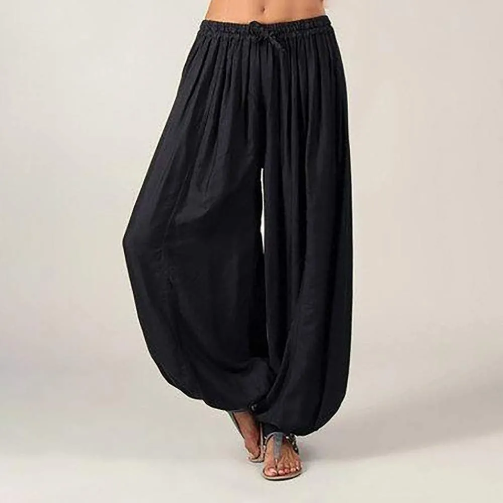 Black Linen Pants Women Plus Size Beach Baggy Wide Leg Pants with Pockets Solid Business Palazzo Pants for Women