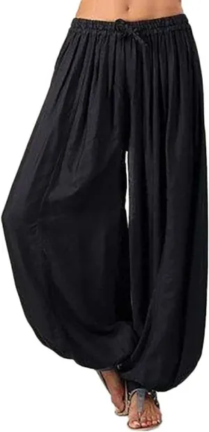 Black Linen Pants Women Plus Size Beach Baggy Wide Leg Pants with Pockets Solid Business Palazzo Pants for Women
