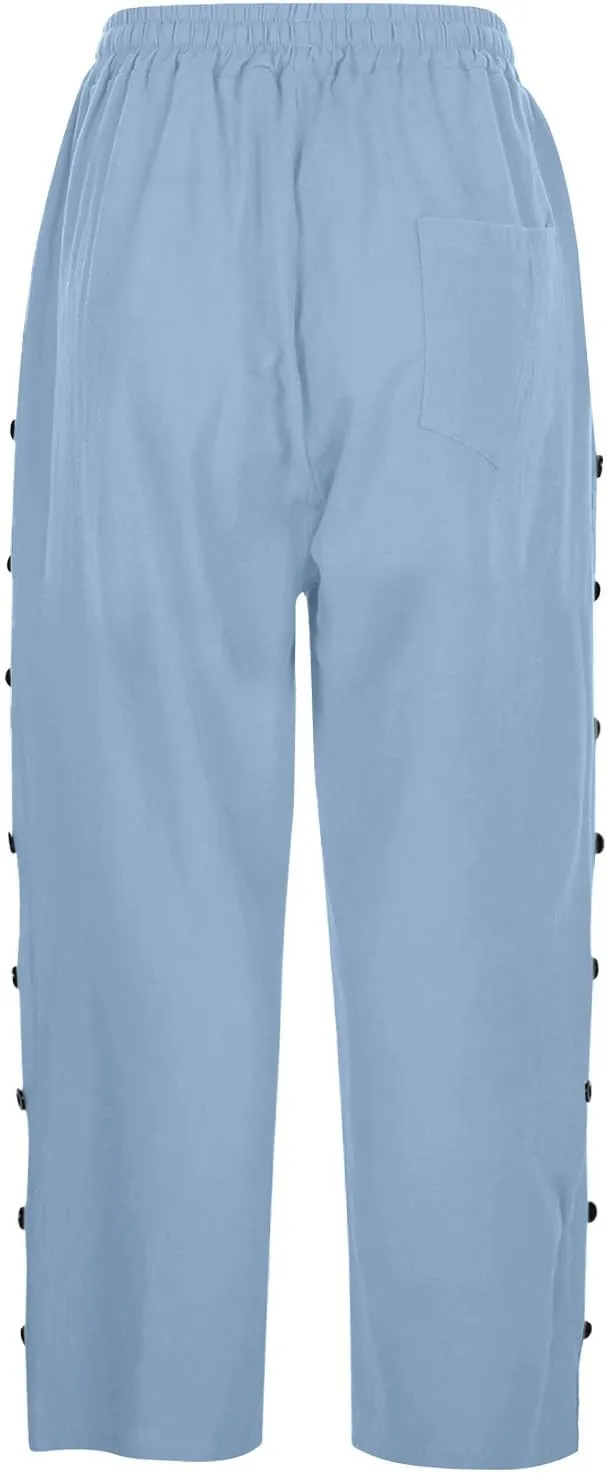 Boho Linen Pants for Women 2025 Women's Fashion Solid Color Cotton Linen Elastic Pants Beach Casual Trousers