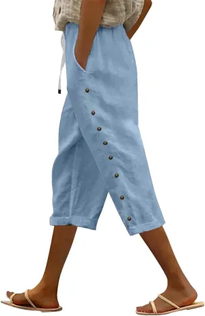 Boho Linen Pants for Women 2025 Women's Fashion Solid Color Cotton Linen Elastic Pants Beach Casual Trousers