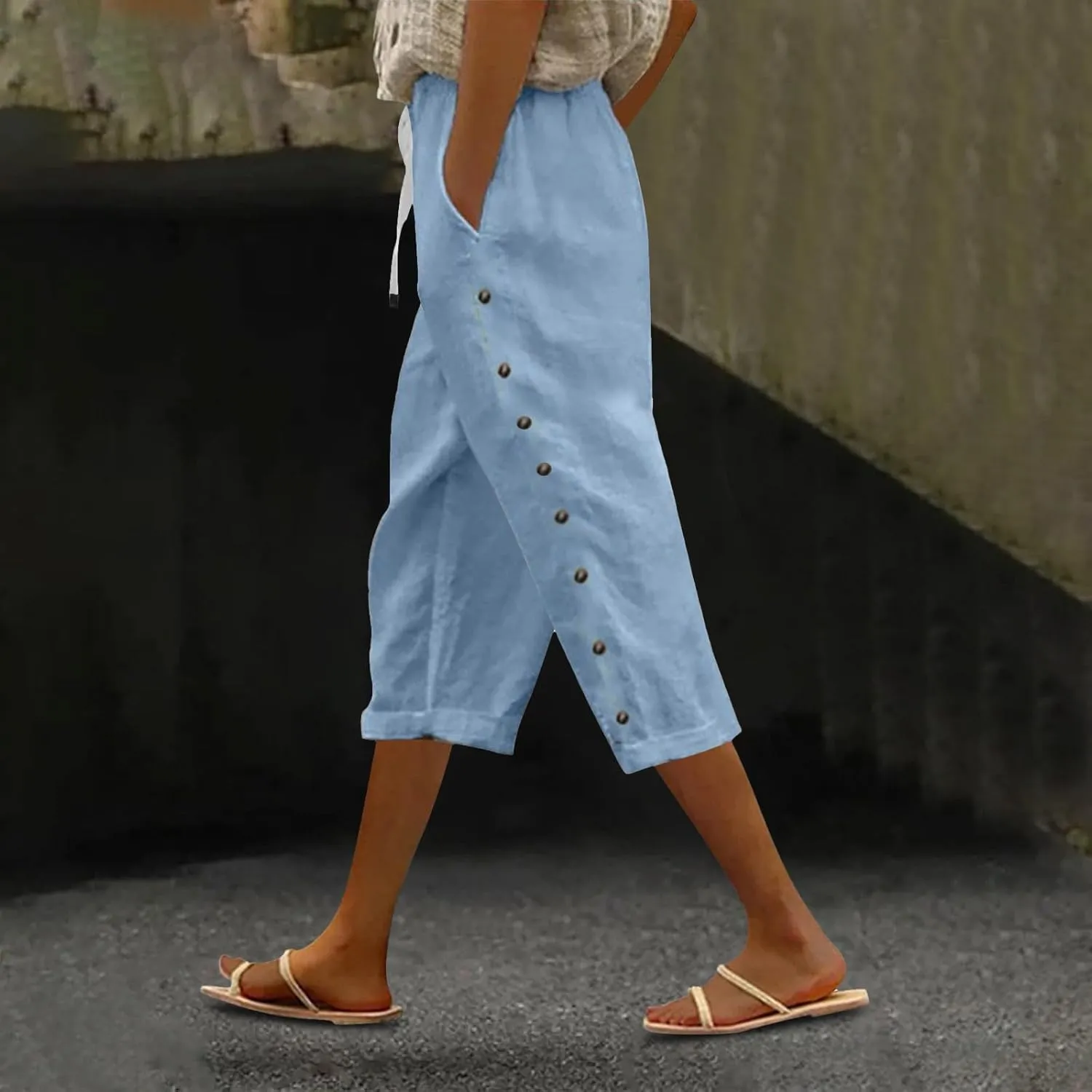 Boho Linen Pants for Women 2025 Women's Fashion Solid Color Cotton Linen Elastic Pants Beach Casual Trousers