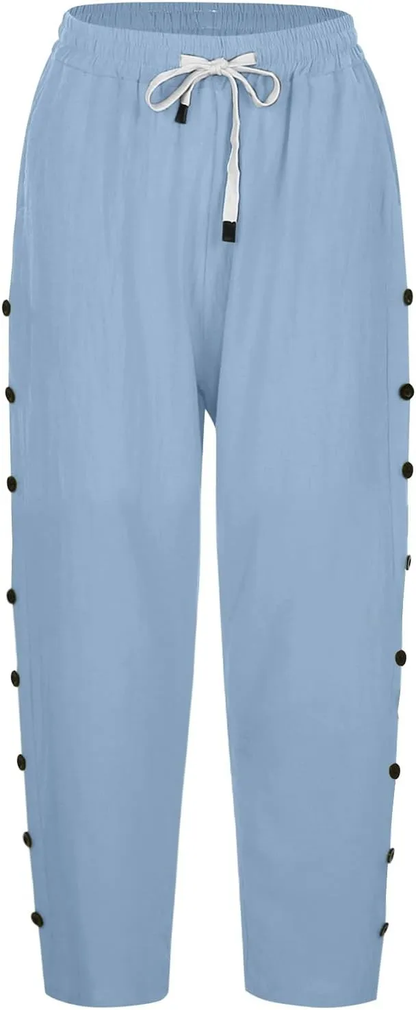 Boho Linen Pants for Women 2025 Women's Fashion Solid Color Cotton Linen Elastic Pants Beach Casual Trousers